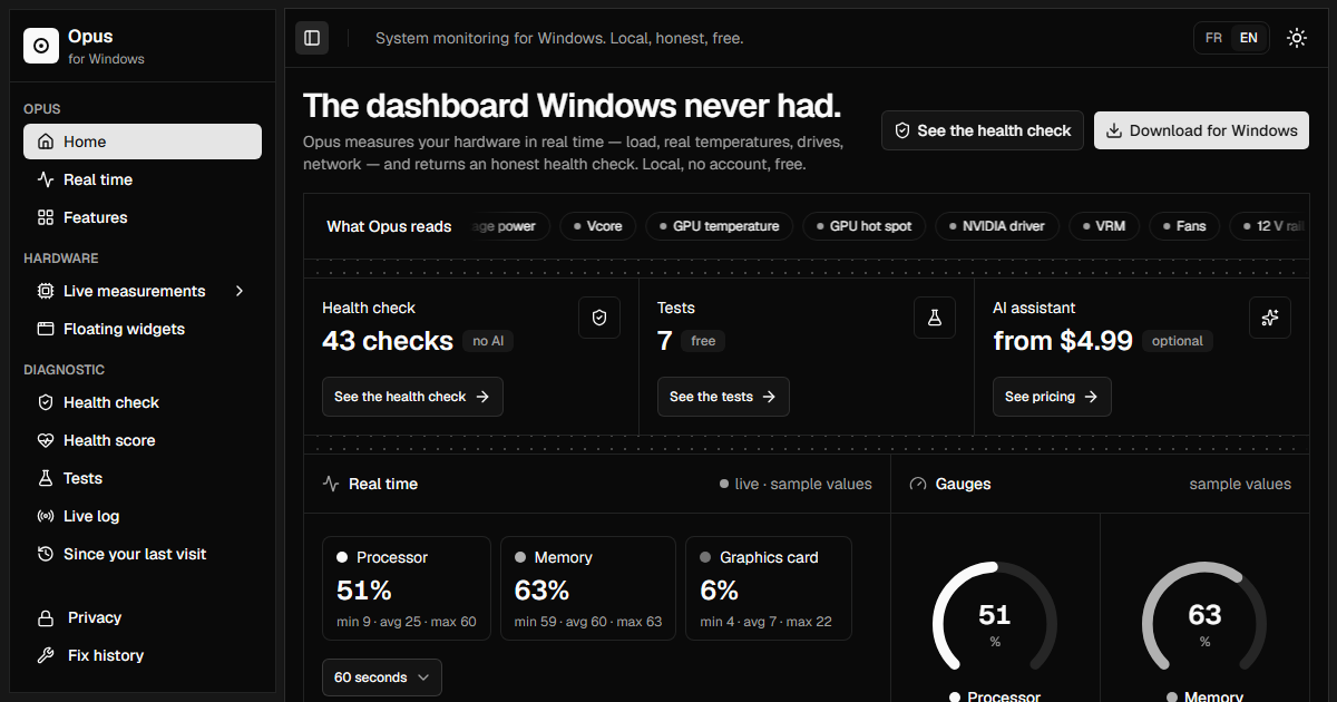 Opus — Free Windows PC monitor: temperatures and health